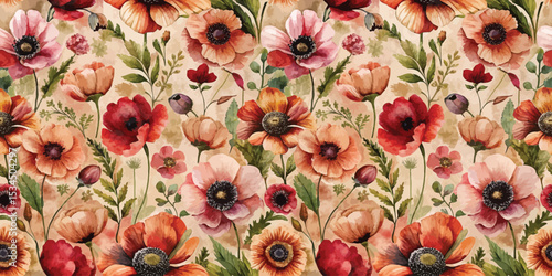 Vibrant floral watercolor pattern featuring various colored flowers and greenery.