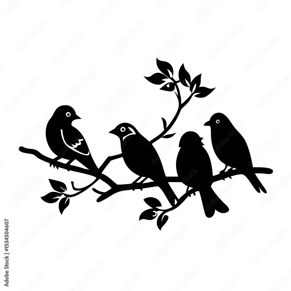 Fototapeta premium A Silhouette of Four Birds Perched on a Branch with Leaves silhouette icon