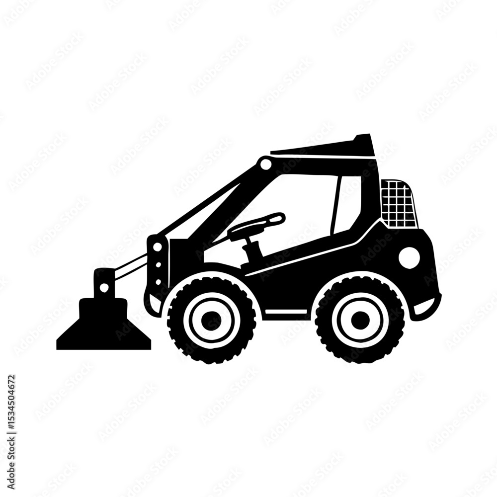 Naklejka premium Stylized black skid steer loader side view on a white backdrop silhouette icon