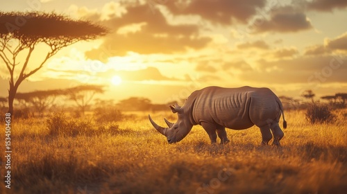White rhino grazing in African savanna at sunset.