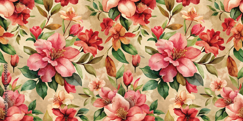 Vibrant floral pattern featuring pink and red flowers on a soft beige background.