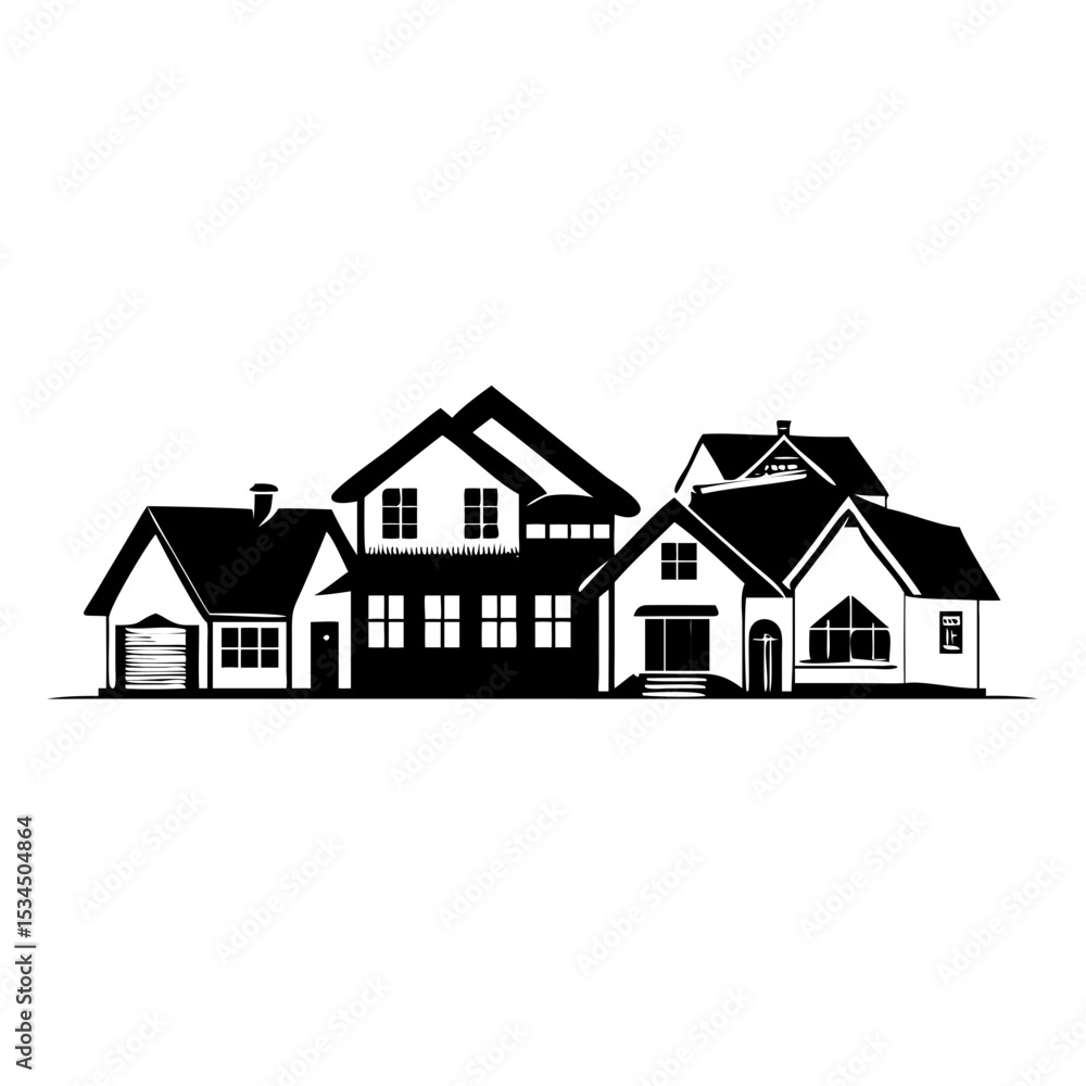 Elegant black and white vector of several residential houses lined up, beautifully designed silhouette icon Elegant black and white vector of several residential houses lined up, beautifully designed silhouette icon