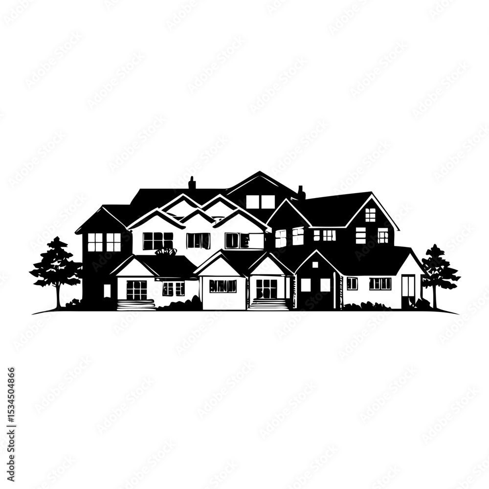 Monochrome vector of an interconnected cluster of houses with tree accents silhouette icon Monochrome vector of an interconnected cluster of houses with tree accents silhouette icon