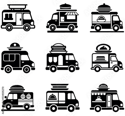 Vector Food Truck Icon Set - Black and White Illustrations