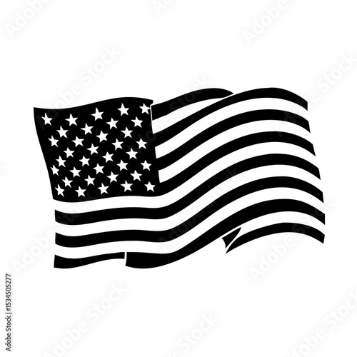 Black and white stylized vector of the American flag waving proudly silhouette icon