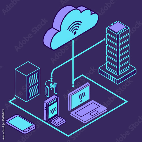 Digital Cloud Network: An illustration showcasing the modern concept of cloud computing, where data is seamlessly accessed and synchronized across multiple devices, emphasizing connectivity.