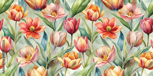 Wallpaper Mural Colorful watercolor floral pattern showcasing vibrant tulips and blossoms. Torontodigital.ca