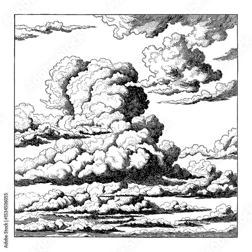 Detailed Clouds Sky Formation Black and White Outline Line Art Drawing Engraved Style Antique Look