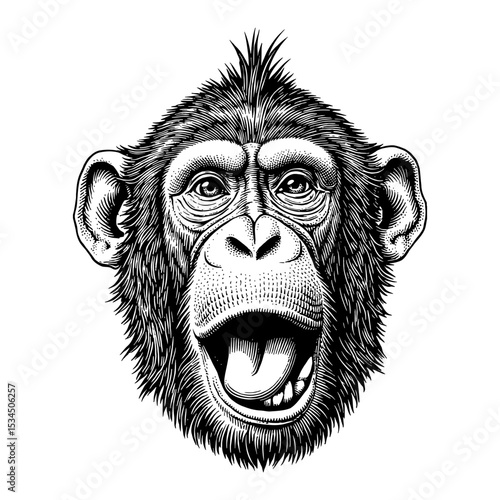 Wallpaper Mural Detailed Monkey Face with Tongue Out and Open Mouth Funny Expression Black and White Outline Line Art Drawing Torontodigital.ca