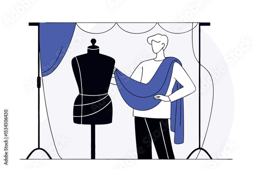 Vector art of fashion designer at work, male artist creating clothing collection in modern atelier studio