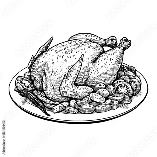 Whole Roasted Chicken with Vegetables on Plate Vintage Style Black and White Outline Line Art Drawing Engraving