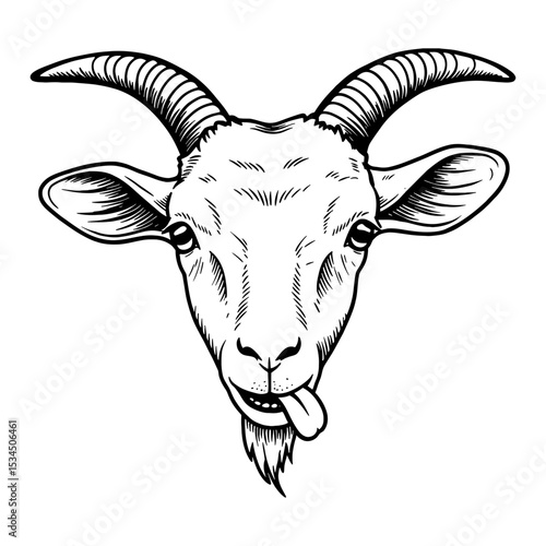 Cute Goat Face with a Tongue Out Black and White Outline Line Art Drawing of Animal Head