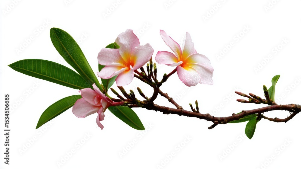 Pink plumeria flowers on a branch, isolated on white background Pink plumeria flowers on a branch, isolated on white background