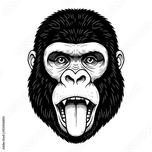 Cute Gorilla Head Face Funny Expression with Tongue Out Black and White Outline Line Art Drawing Design