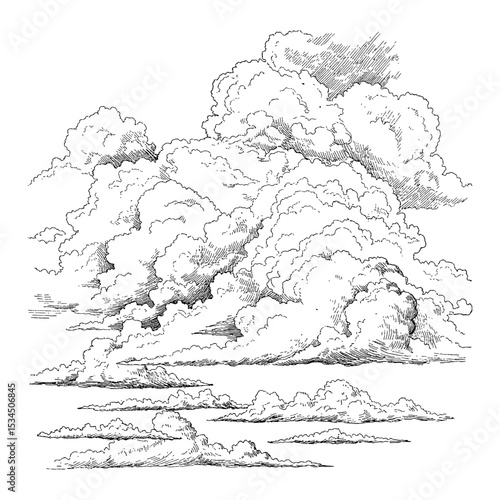 Detailed Cumulus and Stratus Clouds in Sky Black and White Outline Line Art Drawing Engraving Style