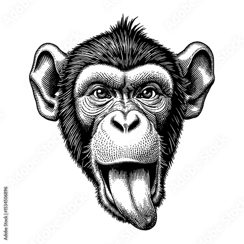 Detailed Monkey Face with Tongue Out Black and White Outline Line Art Drawing Funny Animal Expression