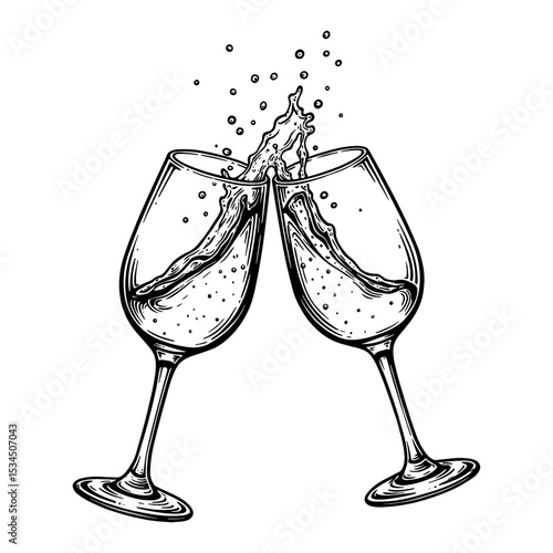 Two Glasses with Water Toasts and Dynamic Splash in Black and White Outline Line Art Drawing Style