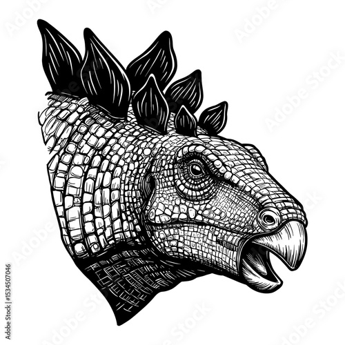 Detailed Stegosaurus Head Portrait Side View Black and White Outline Line Art Drawing Extinct Animal