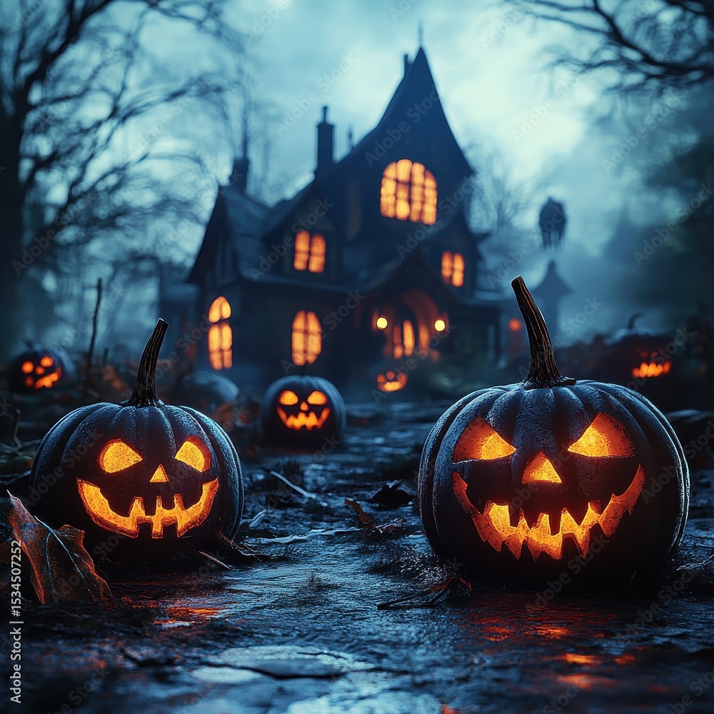 Halloween background with pumpkins and haunted house - 3D render. Halloween background with Evil Pumpkin. Spooky scary dark Night forrest. Holiday event halloween banner background concept Halloween background with pumpkins and haunted house - 3D render. Halloween background with Evil Pumpkin. Spooky scary dark Night forrest. Holiday event halloween banner background concept