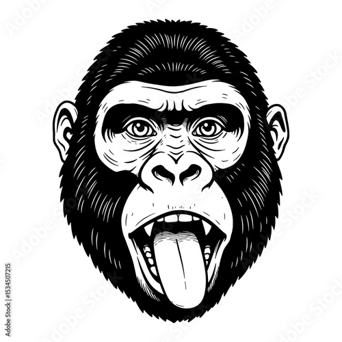 Cute Gorilla Face with a Tongue Out and Open Mouth Black and White Outline Line Art Drawing