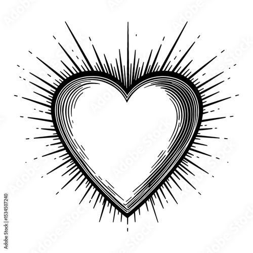 Beautiful Love Heart Shape with Radiating Sunburst Rays Black and White Outline Line Art Drawing Illustration
