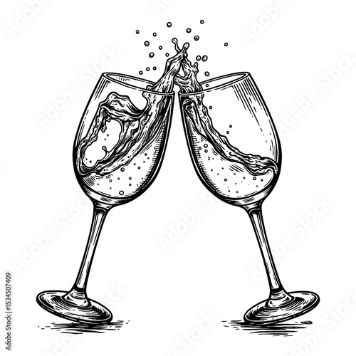 Two Water Glasses Clinking Together with Splash in Dynamic Black and White Outline Line Art Drawing Illustration