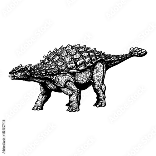 Ankylosaurus Full Body Shot Prehistoric Creature Black and White Outline Line Art Drawing Vintage Engraving Style Isolated Object