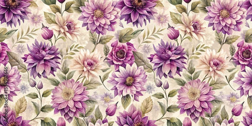 Elegant floral pattern featuring purple and cream flowers with lush green leaves.