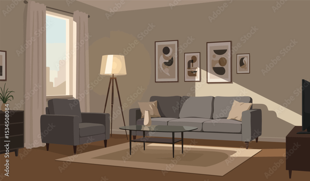 Fototapeta premium Modern living room with sofa, table, carpet, plants and other decor. Vector flat illustration of interior design and furniture