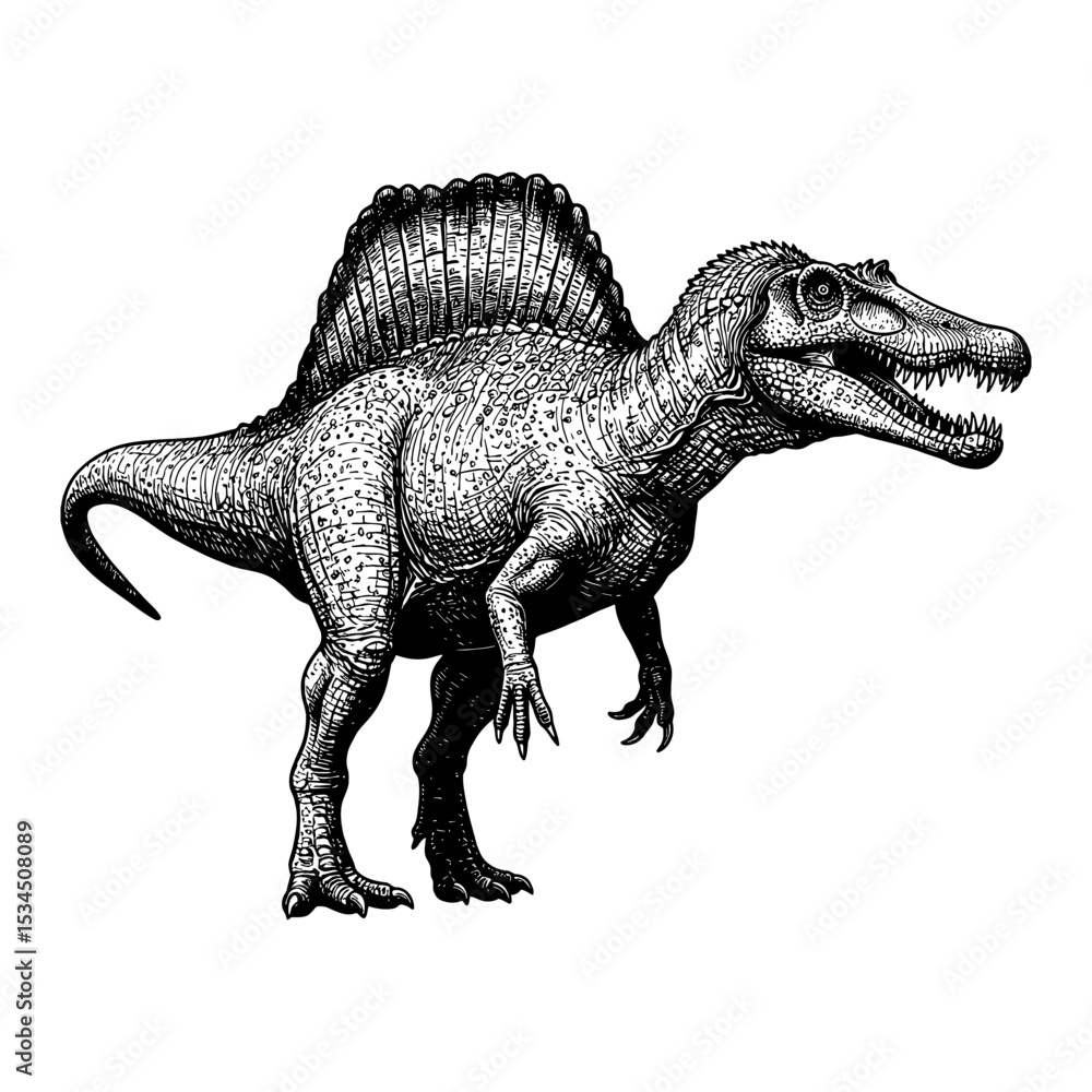 Fototapeta premium Spinosaurus Full Body Shot Detailed Black and White Outline Line Art Drawing of a Prehistoric Dinosaur Creature