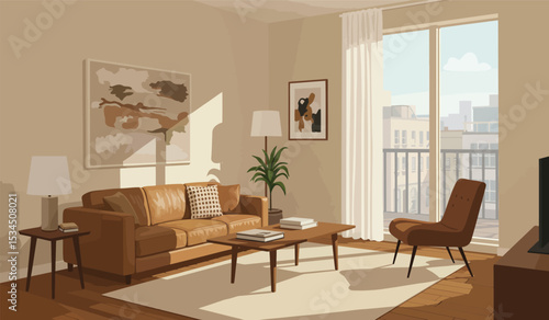 Modern living room with sofa, table, carpet, plants and other decor. Vector flat illustration of interior design and furniture