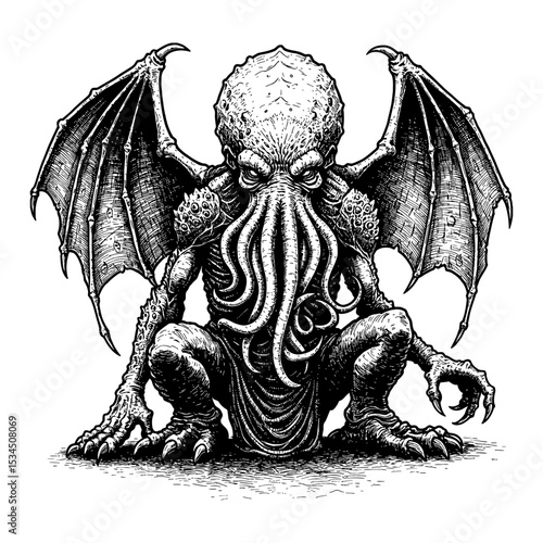 Scary Cthulhu Monster Eldritch Horror Mythical Octopus Tentacles Wings Black and White Outline Line Art Drawing