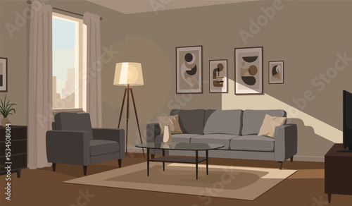 Modern living room with sofa, table, carpet, plants and other decor. Vector flat illustration of interior design and furniture