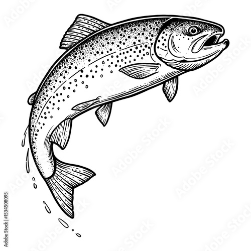 Dynamic Trout Fish Jumping from Water Vintage Style Black and White Outline Line Art Drawing