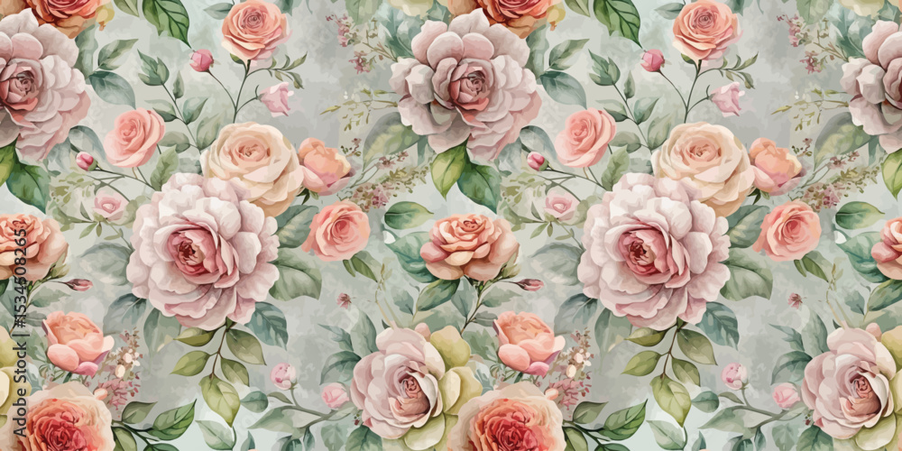 Fototapeta Soft pastel floral pattern with various roses and leafy accents.