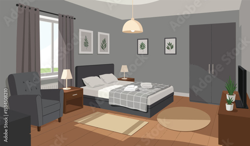 Cozy bedroom interior. Comfort room, flat cartoon living apartment with window. Sleep furniture, modern bed table mirror recent illustration