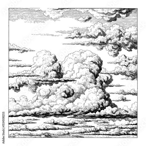 Detailed Clouds Sky Black and White Outline Line Art Drawing of Atmospheric Weather Formation