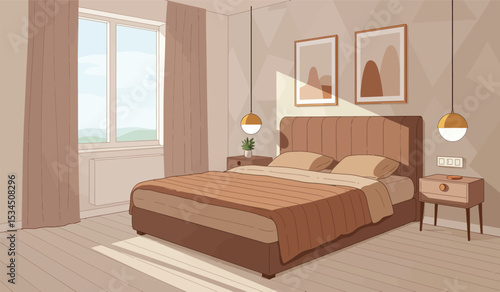 Cozy bedroom interior. Comfort room, flat cartoon living apartment with window. Sleep furniture, modern bed table mirror recent illustration