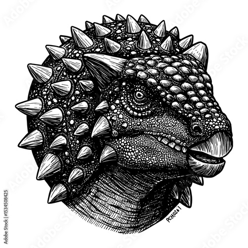 Ankylosaurus Head Portrait Detailed Spiked Armored Dinosaur Black and White Outline Line Art Drawing Ancient Creature