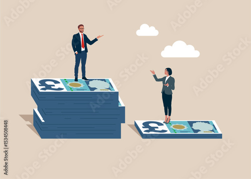 Man standing on much more paid money pound sterling  notes bundles of GB, woman on less small income notes. Gender pay gap, inequality between man and woman wage, salary or income. 