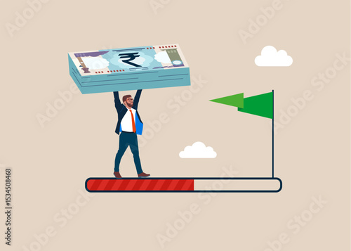 Businessman with stack of rupee notes bundles of India to from the start to success. Career path. Challenge your progress and win the race. Achieving financial freedom, economic forecast. Flat vector 