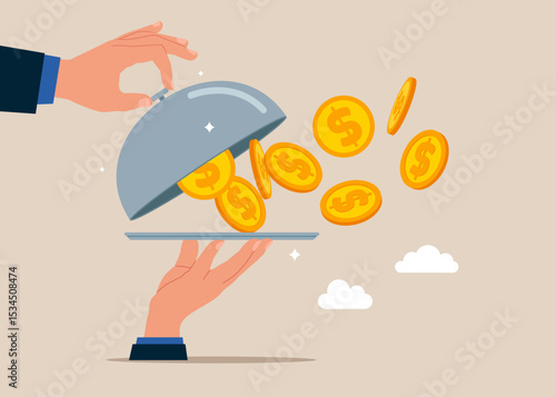 Open silver cloche to see fly out Golden Coins. Savings, Collecting Money in Account, Open Bank Deposit. World economic vision for business, technology, investment. Modern vector illustration in flat 