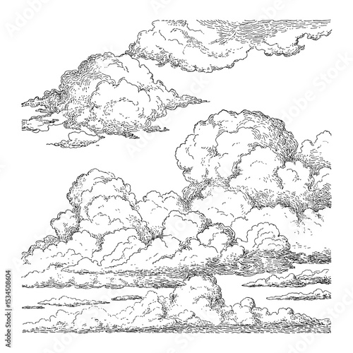 Detailed Clouds Sky Black and White Outline Line Art Drawing Intricate Hand Drawn Vintage Engraving Style Illustration