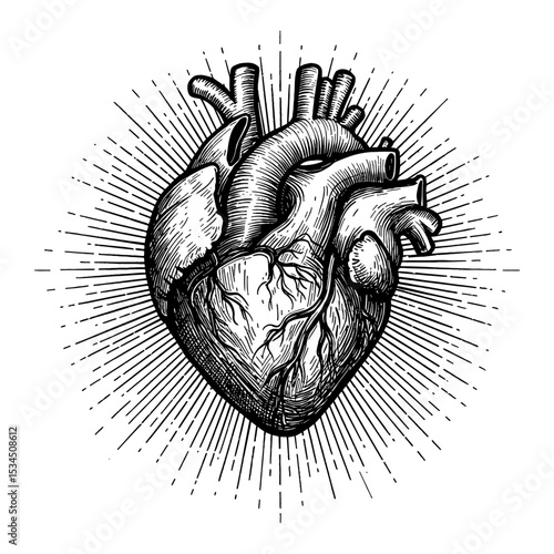 Anatomical Human Heart with Radiating Rays in Vintage Black and White Outline Line Art Drawing Engraved Style