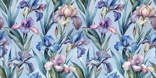Colorful watercolor irises create a vibrant floral pattern.