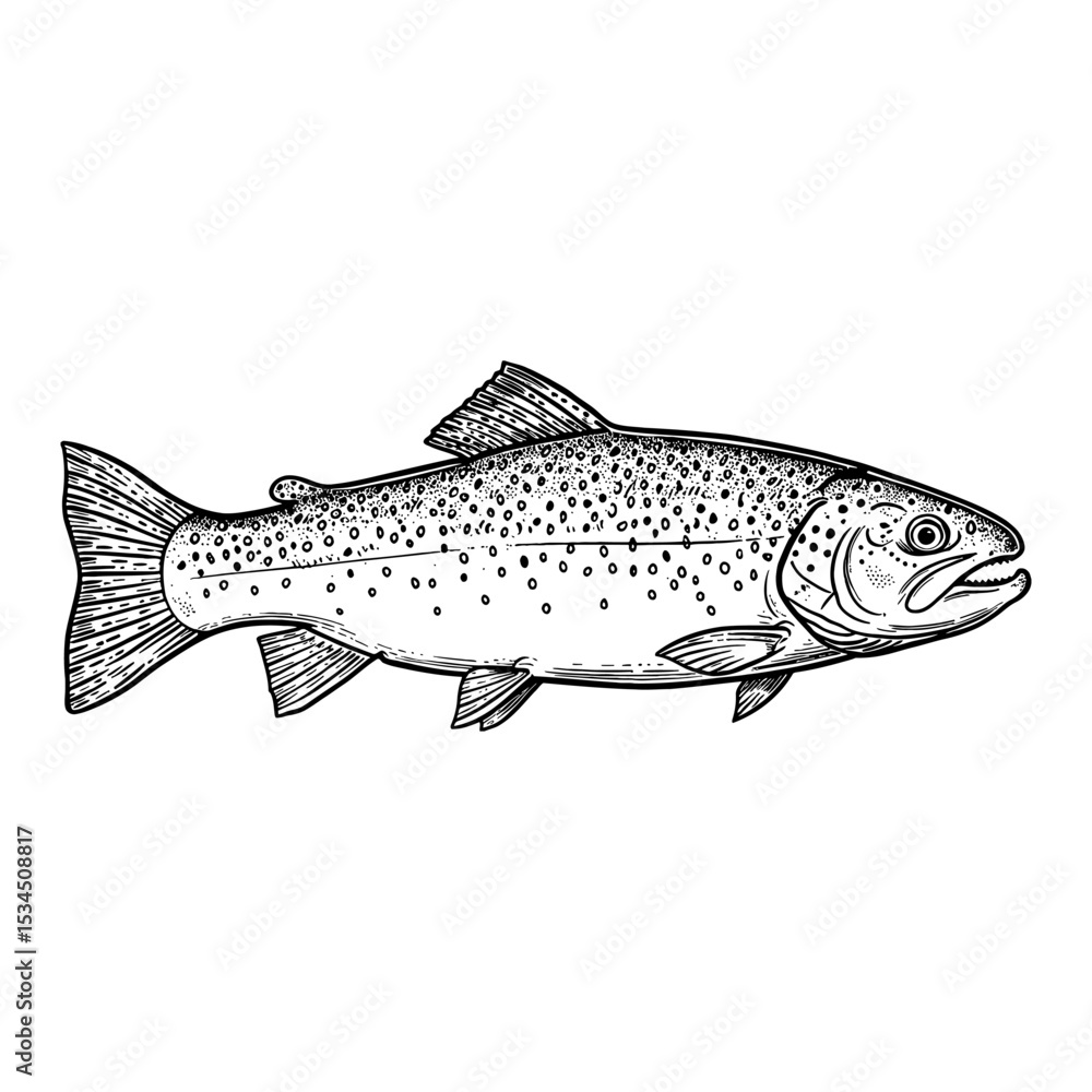 Trout Fish Side View Black and White Outline Line Art Drawing with Vintage Engraved Style Trout Fish Side View Black and White Outline Line Art Drawing with Vintage Engraved Style