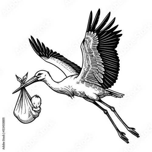 Stork carrying a baby inside cloth on its beak classic symbol of delivery Black and White Outline Line Art Drawing
