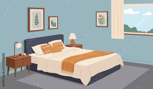 Cozy bedroom interior. Comfort room, flat cartoon living apartment with window. Sleep furniture, modern bed table mirror recent illustration