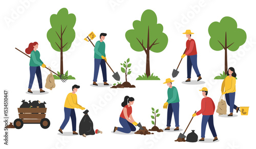 People planting trees and gardening together. Vector illustration