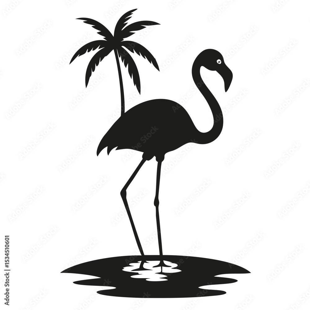 Fototapeta premium Silhouette of a flamingo standing near a palm tree on a small island in black and white style design created with generated ai